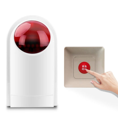 Wall-mounted emergency alarm call button with red dome indicator light.