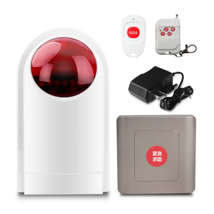 Emergency call button set with wall unit, remote SOS, and power adapter.