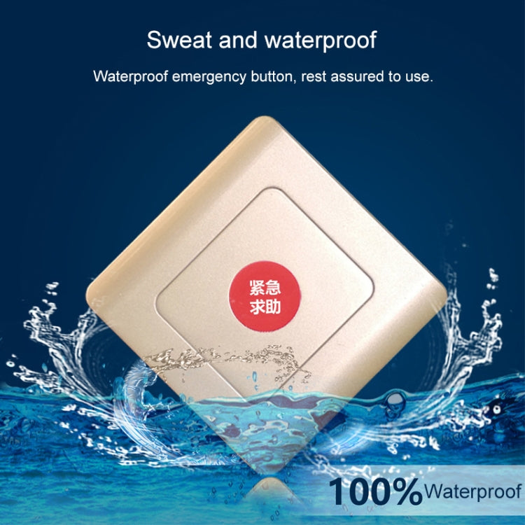 Water-resistant emergency alarm button with red call lens and water splash effect.