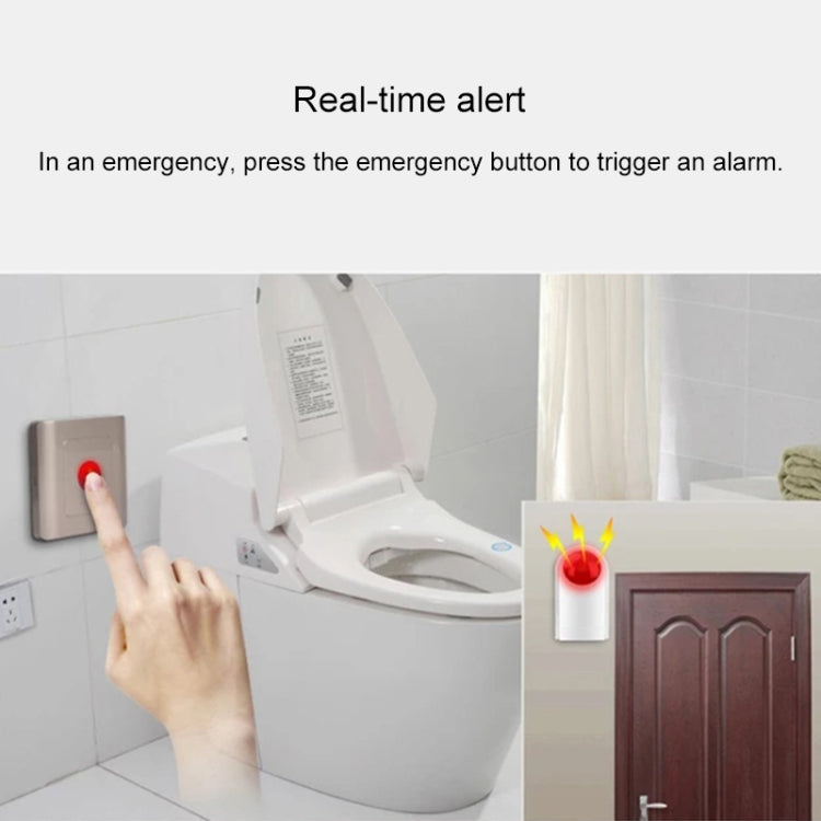 Hand pressing wall-mounted emergency button next to toilet.