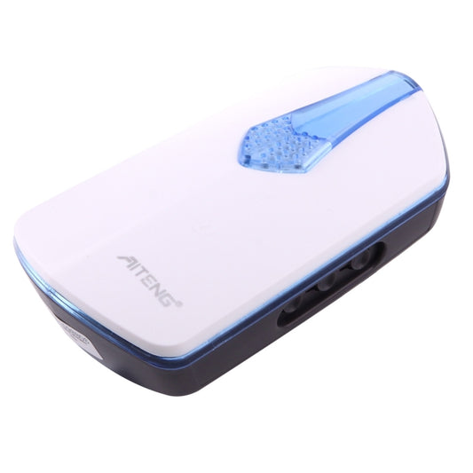 White battery-free wireless doorbell transmitter with blue top and side ports