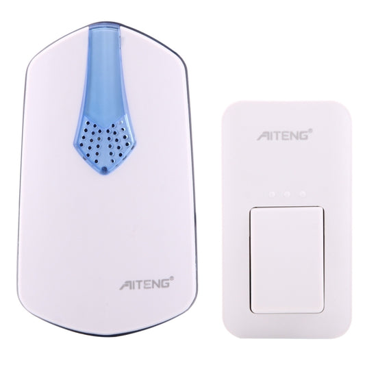 White wireless doorbell receiver and blue transmitter button, both battery-free