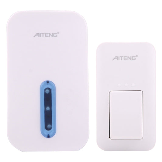 Wireless doorbell receiver and waterproof transmitter, white units with blue button panel