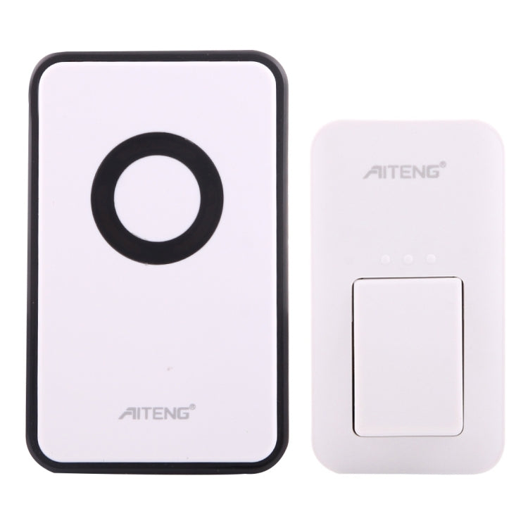 Wireless doorbell receiver with large black-ring button, white housing, for indoor use