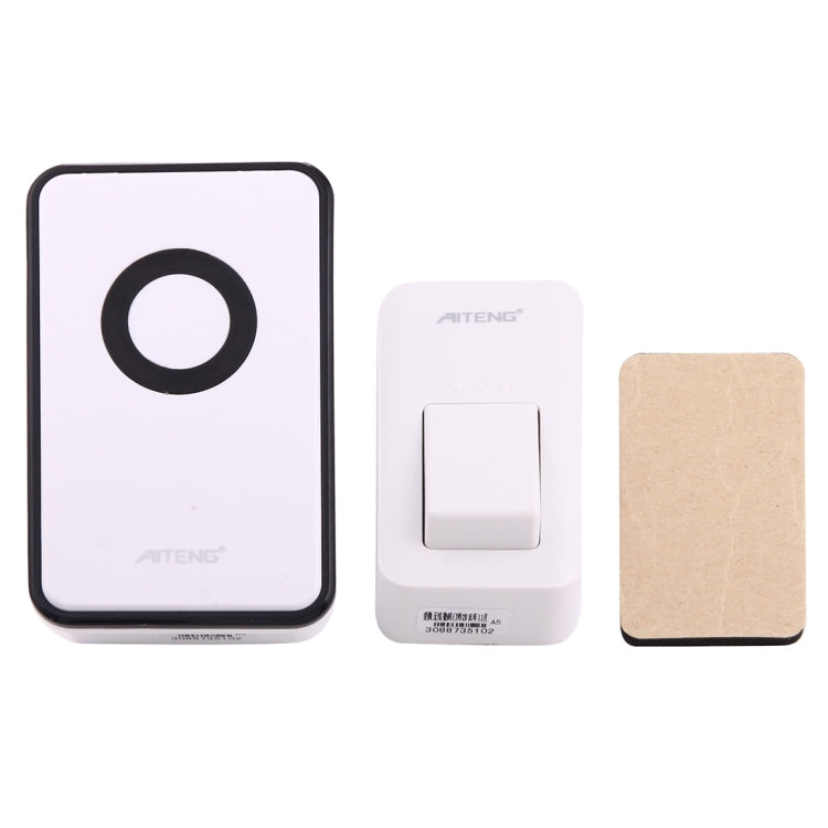 Wireless doorbell receiver, transmitter, and mounting pad included, all white with black buttons