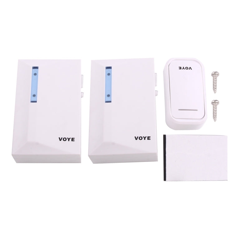 White wireless doorbell kit with two panels, chime, and mounting screws