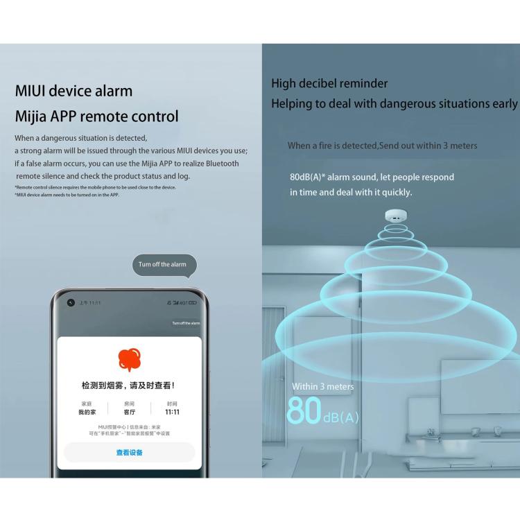 Smartphone app screen for MIUI remote control and high decibel smoke alarm reminder