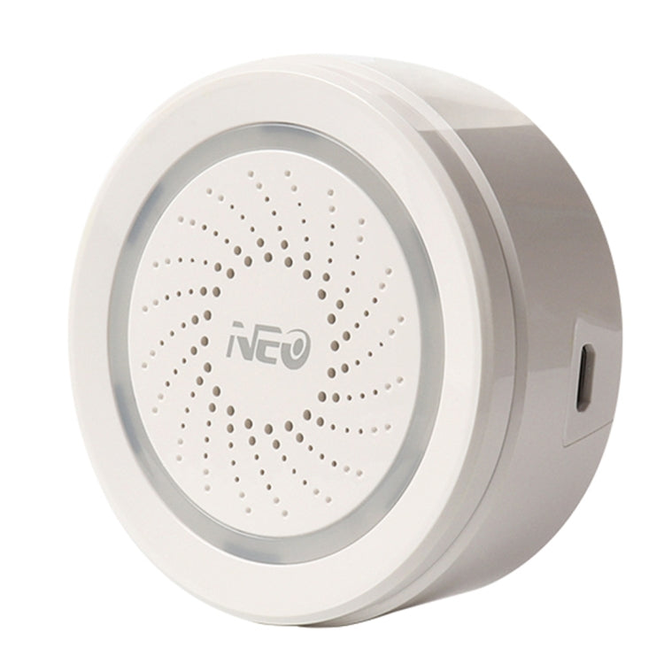 Round white WiFi siren alarm sensor with perforated speaker grille and gray rim