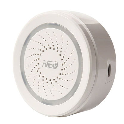 Round white WiFi siren alarm sensor with perforated speaker grille and gray rim