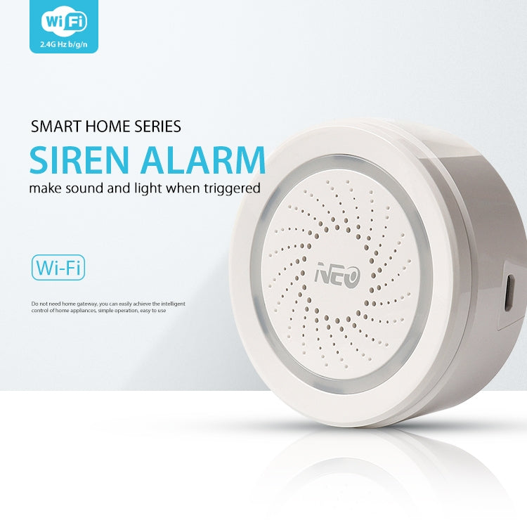 White round WiFi siren alarm sensor with speaker grille and side slot port