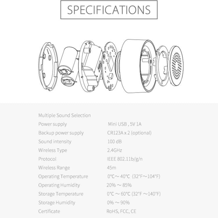 WiFi USB siren alarm sensor specifications with parts diagram and technical table
