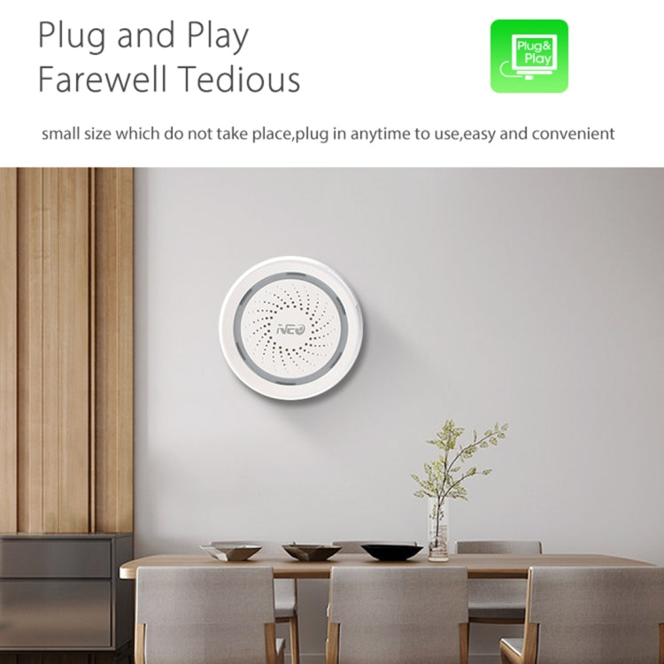Wall-mounted white round WiFi siren alarm sensor with perforated sound openings