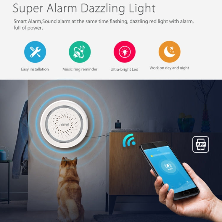 White WiFi siren alarm sensor with front speaker grille for sound and light alerts