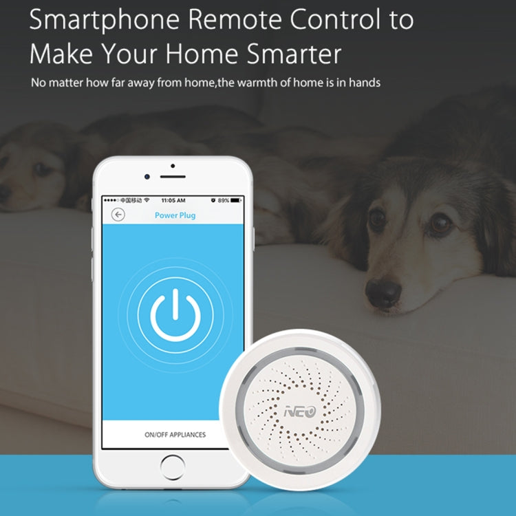 White WiFi siren alarm sensor with circular speaker grille and compact profile