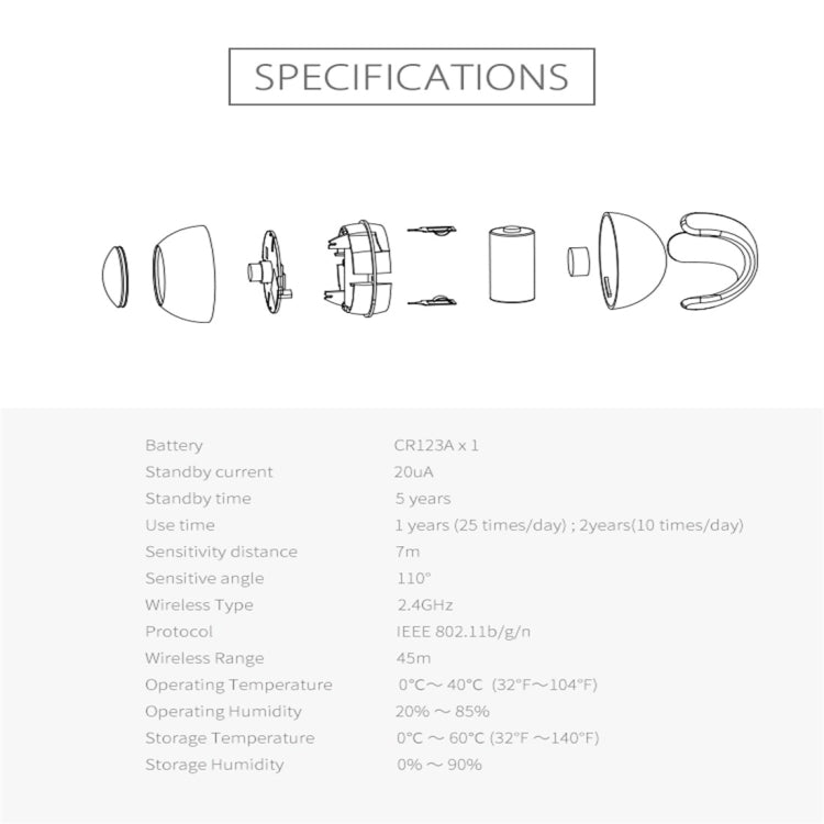 Wireless WiFi PIR motion sensor diagram with mounting parts and specifications label