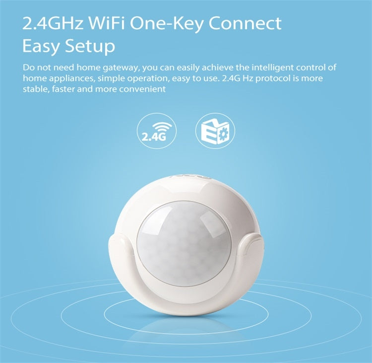 White wireless PIR motion sensor with front lens and rounded sensor body.