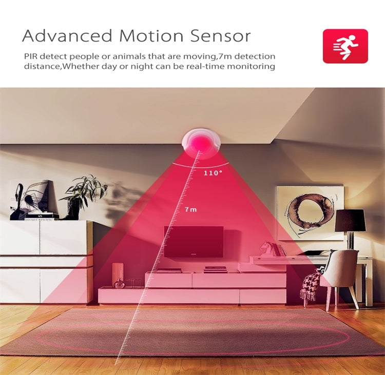 White PIR motion sensor with red LED light, shown near a ceiling mount.