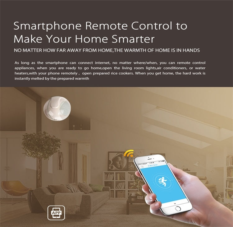 White PIR motion sensor with app remote control indicator shown on screen.