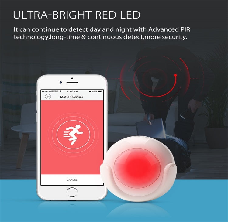 White PIR motion sensor with ultra-bright red LED and wide detection ring.