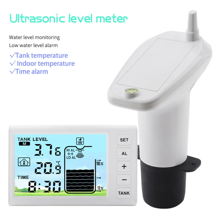 Ultrasonic liquid level meter with white transmitter unit and LCD receiver screen