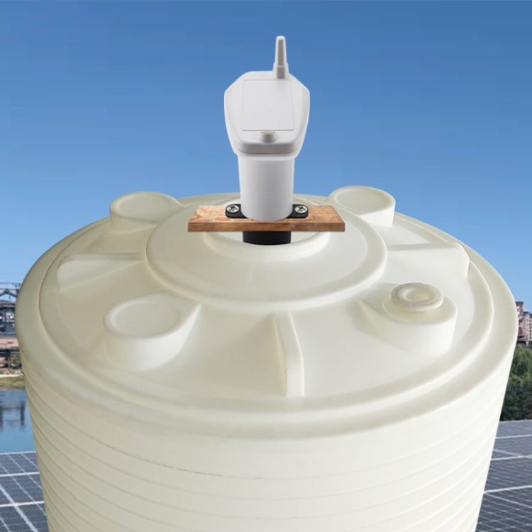Ultrasonic liquid level sensor transmitter mounted on tank lid with black base
