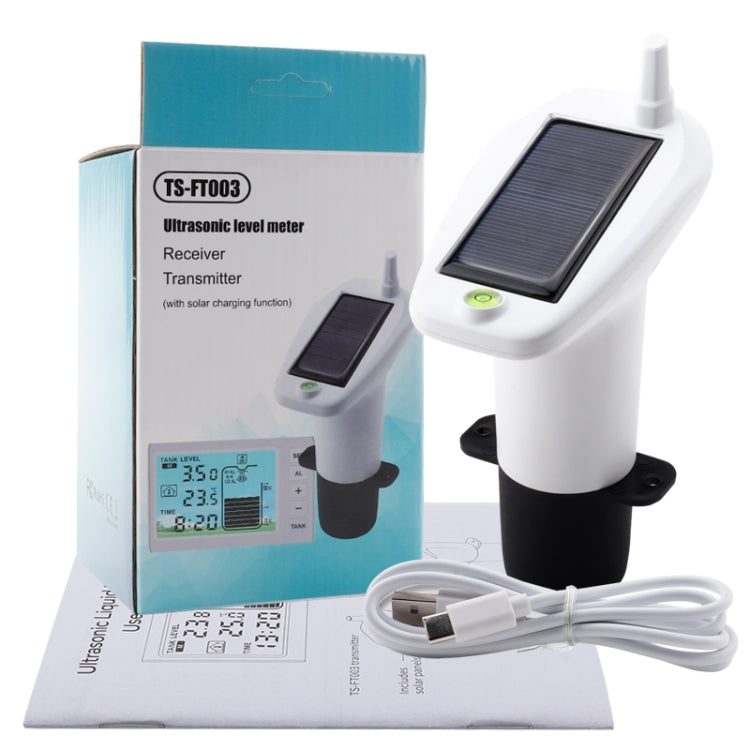 Solar-powered ultrasonic liquid level meter kit with handheld sensor, solar panel, and cable
