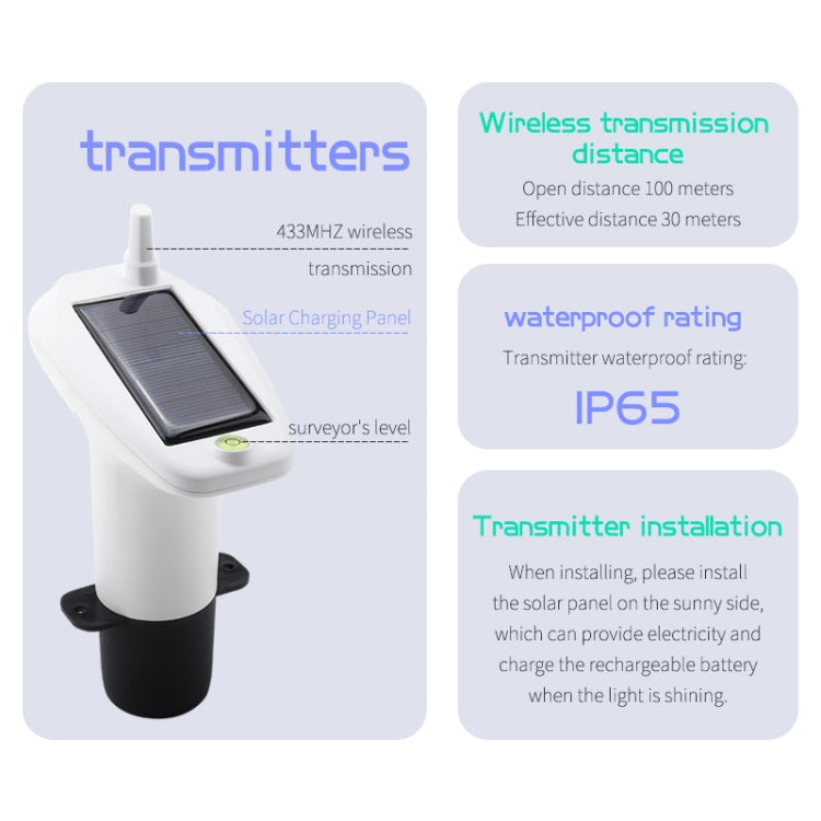 Solar-powered ultrasonic level meter transmitter with wireless distance and waterproof IP65 info