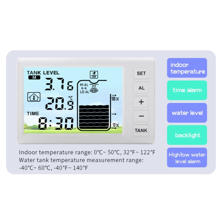 Ultrasonic liquid level meter LCD display with temperature readouts and alarm icons