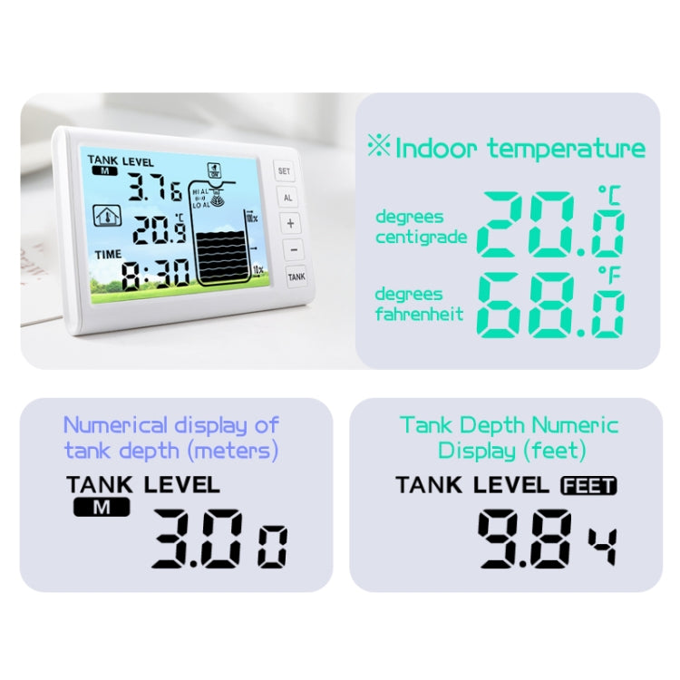 Digital display showing tank level in meters and feet plus indoor temperature readout