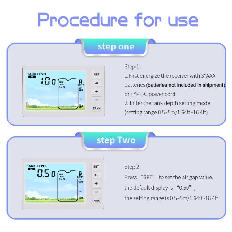Usage guide steps showing receiver setup and tank depth range settings