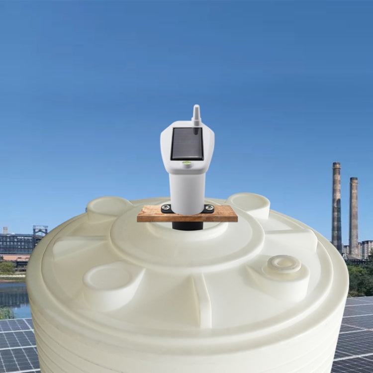 Solar ultrasonic liquid level meter transmitter mounted on a white water tank
