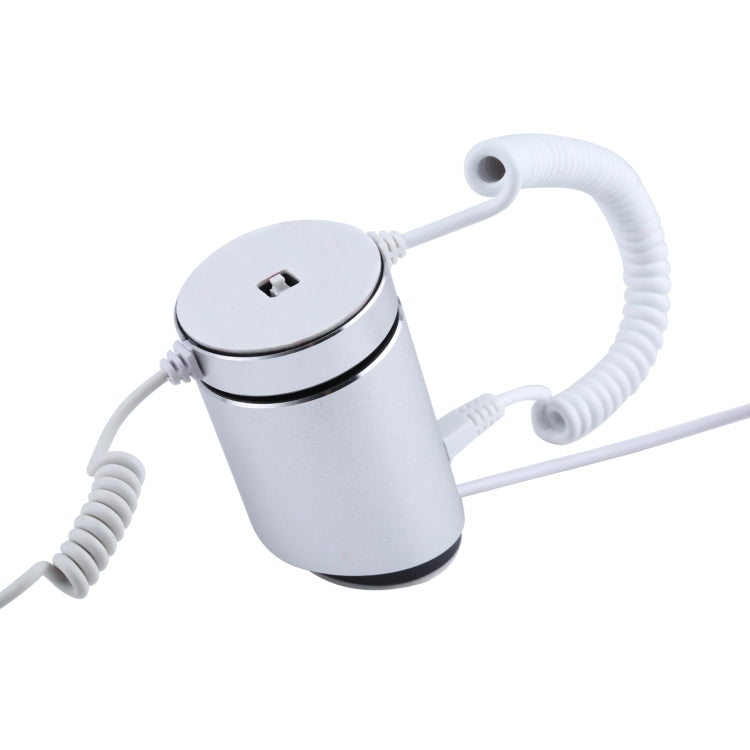 White cylindrical magnetic security display stand with coiled charging cable