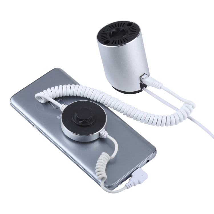 Cylindrical magnetic security stand with vented top, coiled cord, and phone mount