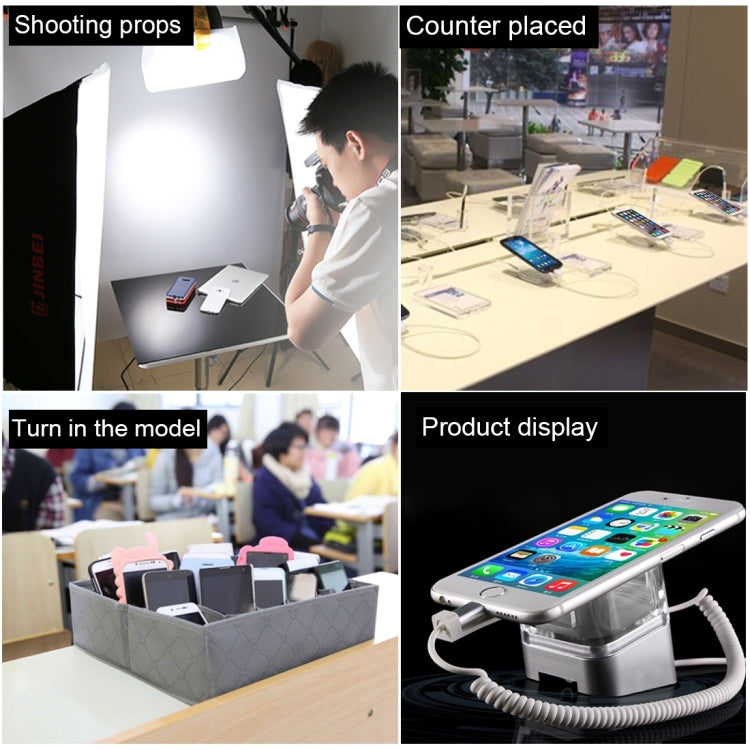 Phone on cylindrical security display stand with coiled Type-C cable