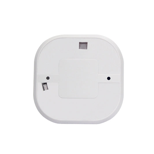 Wireless smart smoke alarm back panel, white housing with mounting holes and contacts
