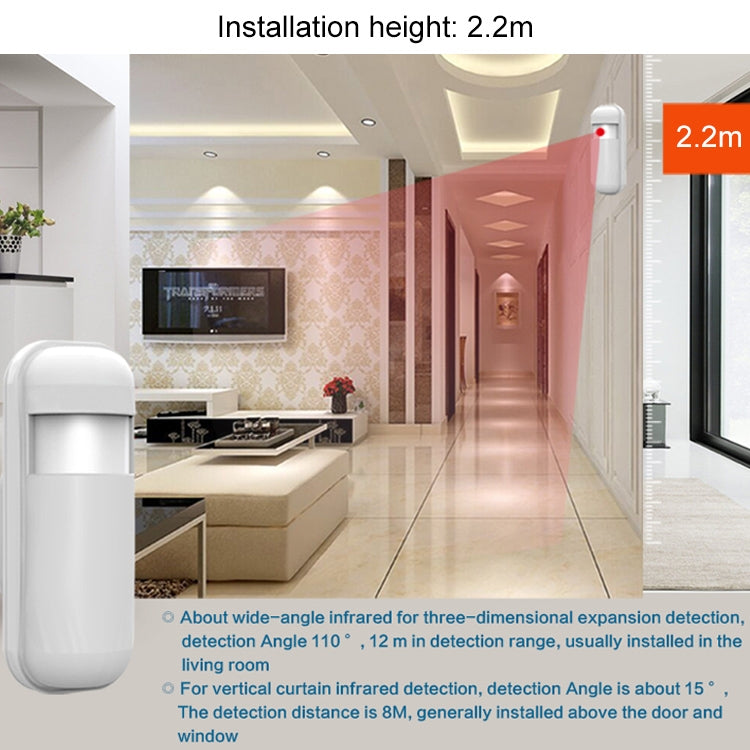 Wireless PIR motion detector, white body installed at doorway height