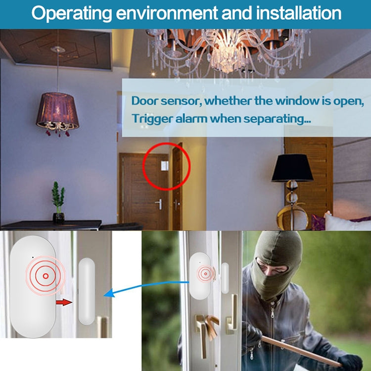 White wireless door sensor and magnet on door frame, showing alarm trigger placement