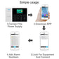 Smart alarm control panel with touch keypad and LCD screen, shown with phone app