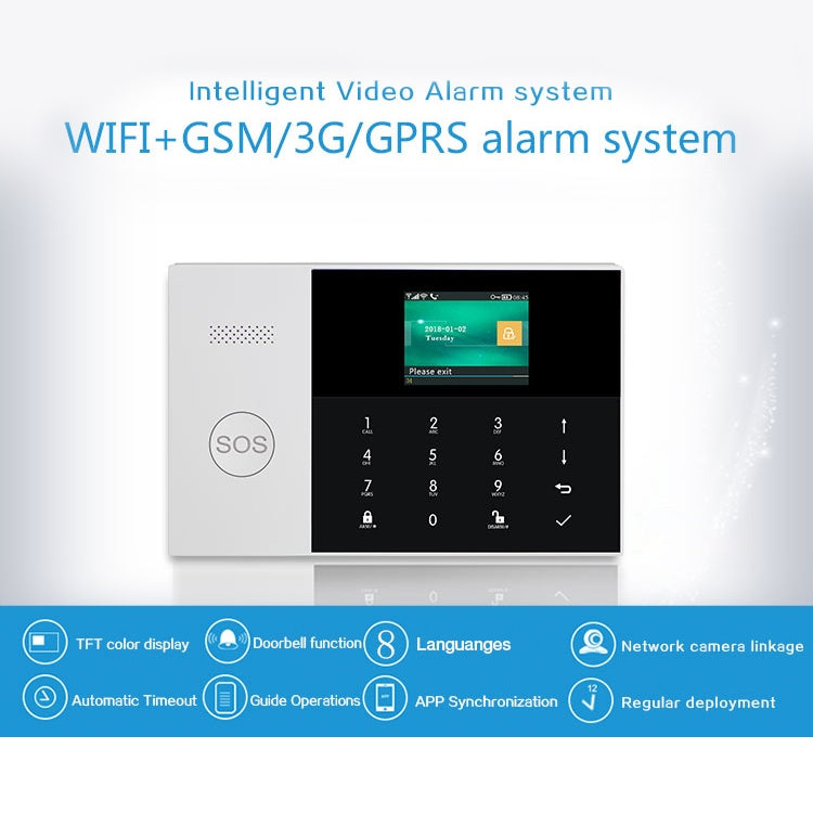Wall-mounted smart alarm keypad panel with touch controls and LCD screen