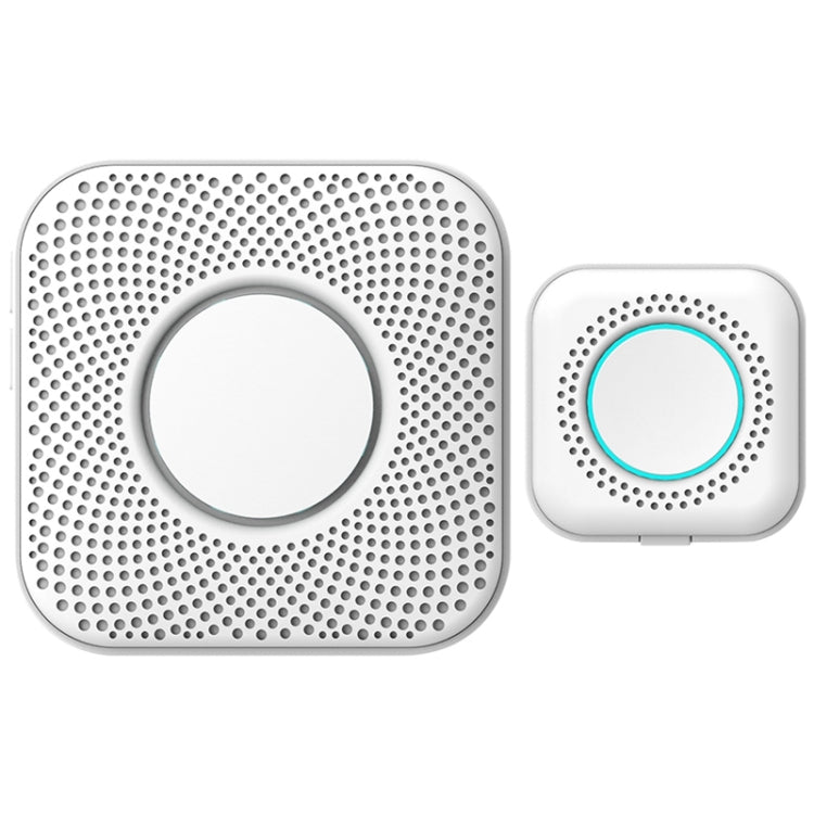 Wireless doorbell chime and button, square housings with blue ring indicators