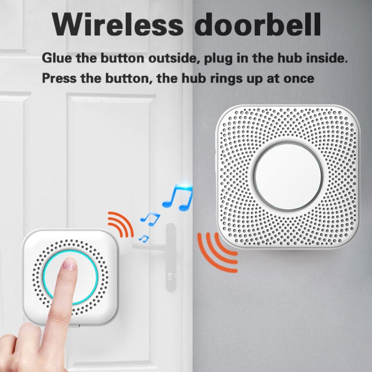 Wireless doorbell kit with wall chime and push button, hand pressing the button