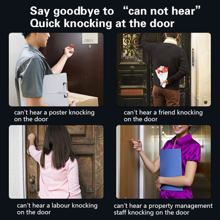 Wireless doorbell chime and button shown in multiple knocking scenarios with people