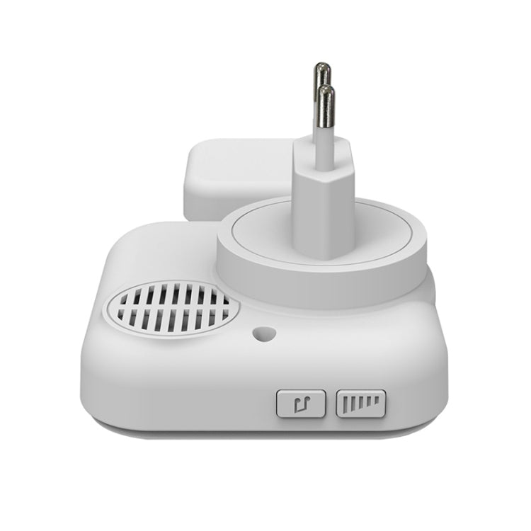 Plug-in wireless doorbell chime with EU plug, speaker grille, and control icons