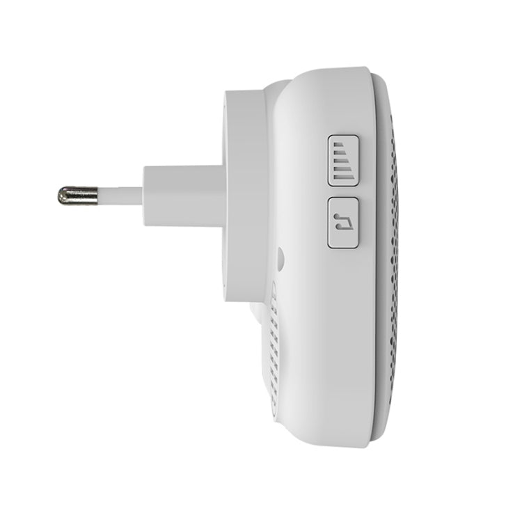 Plug-in wireless doorbell chime side view with button controls and vent grille