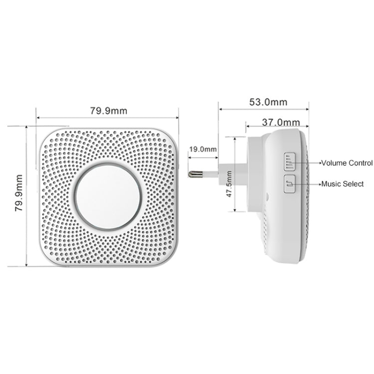Wireless doorbell chime size diagram, perforated speaker face and side controls