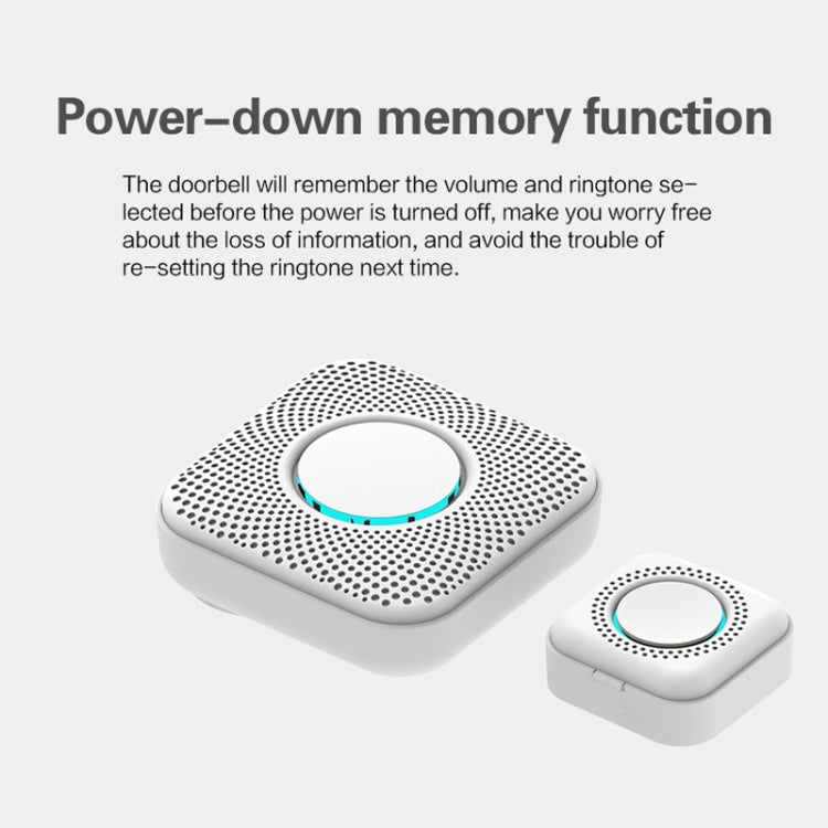 Wireless doorbell chime with glowing blue ring and matching wireless button