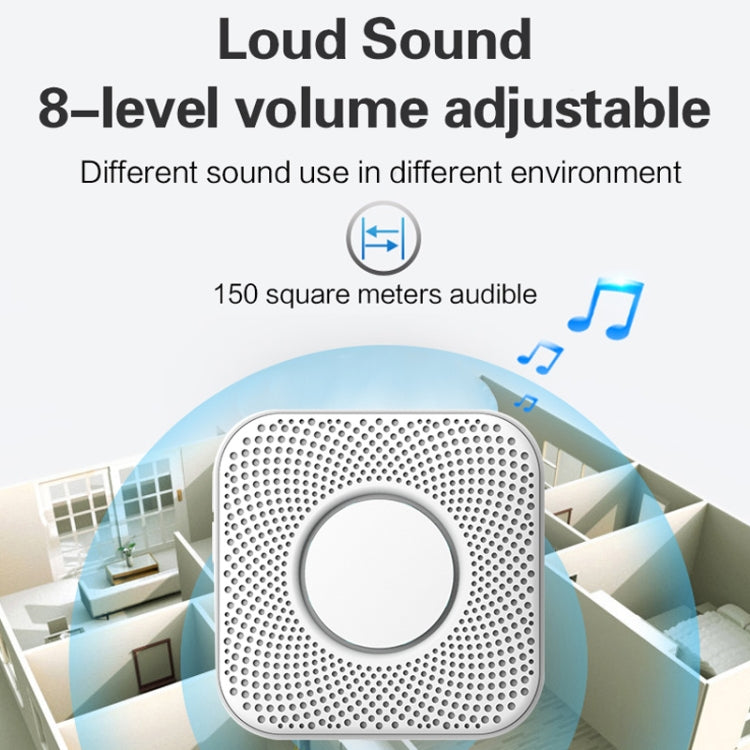 Square wireless doorbell chime with perforated speaker grille and blue ring light