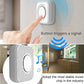 Wireless doorbell button pressed by hand with blue ring and signal sound waves