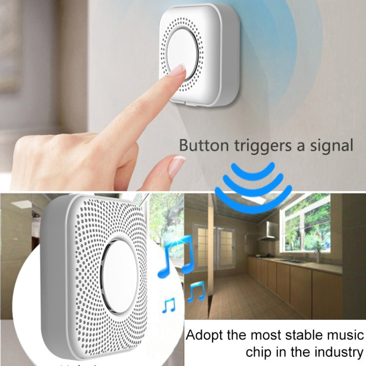 Wireless doorbell button pressed by hand with blue ring and signal sound waves