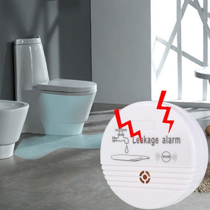 White round water leak alarm sensor with leak icon and 90dB speaker markings